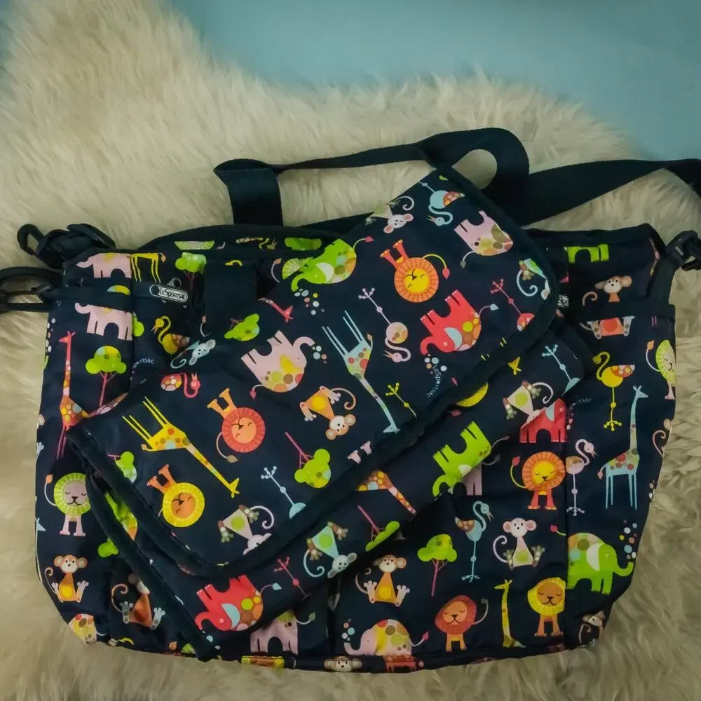LeSportSac Ryan Baby Zoo Animal Print Synthetic Changing Pad Diaper Bag Tote Bag